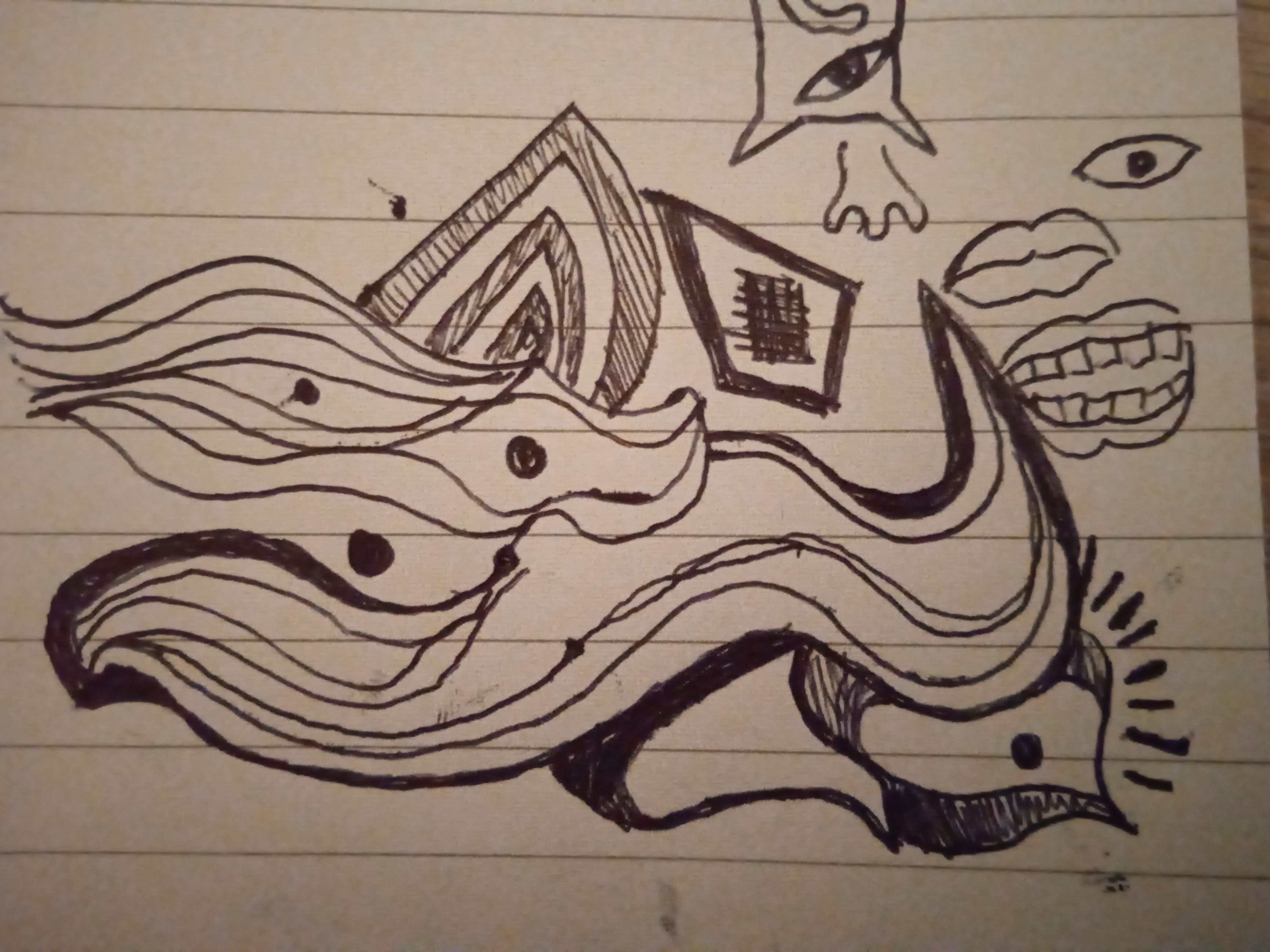 a piece of paper on which can be seen a river-like hoard of wavy eyes with a floating mouth and an abstract one-eyed critter