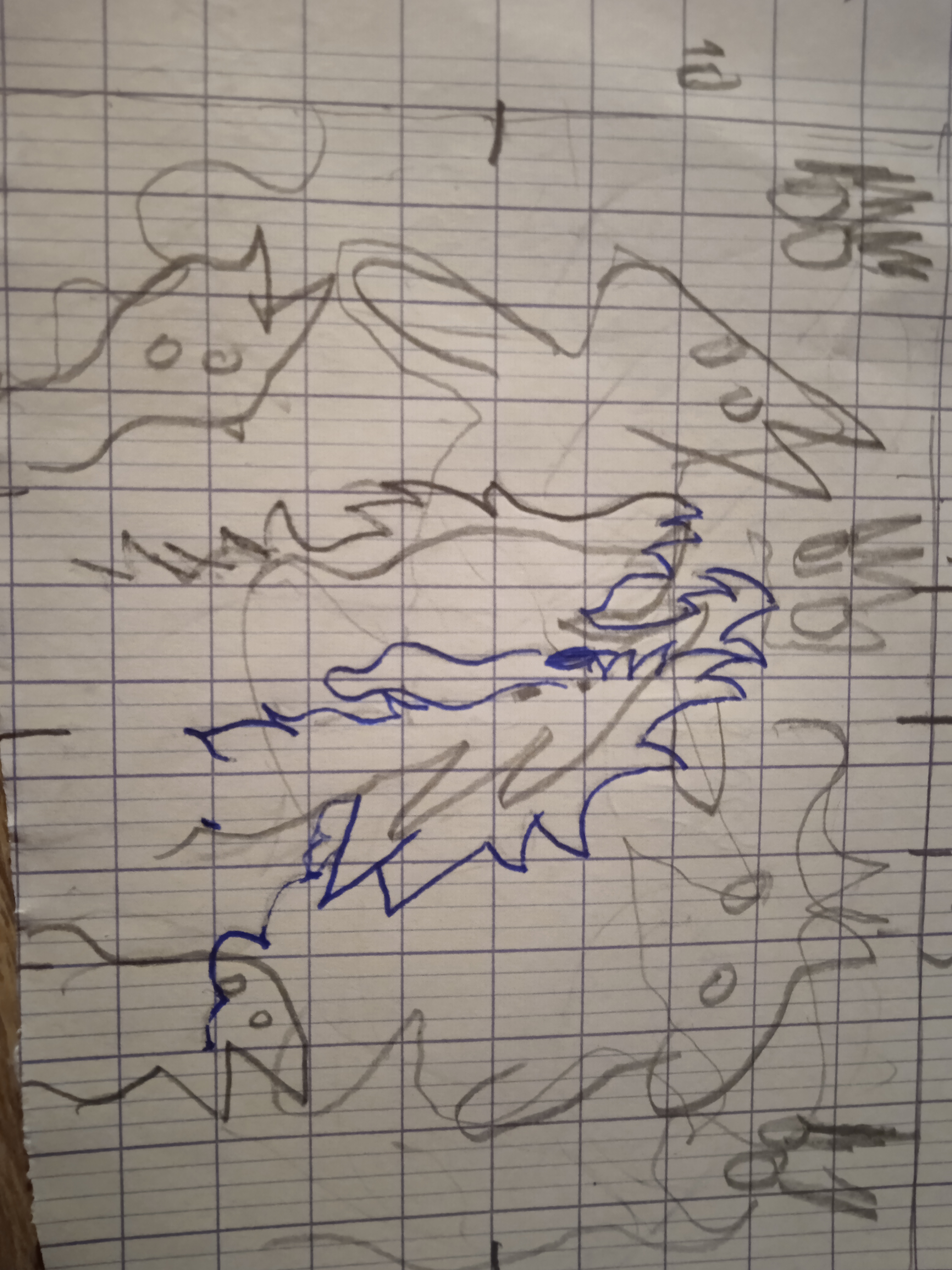 a miniature of the painting, the pencil drawing copied with a blue pen with added bird-like creatures staring at the wolf