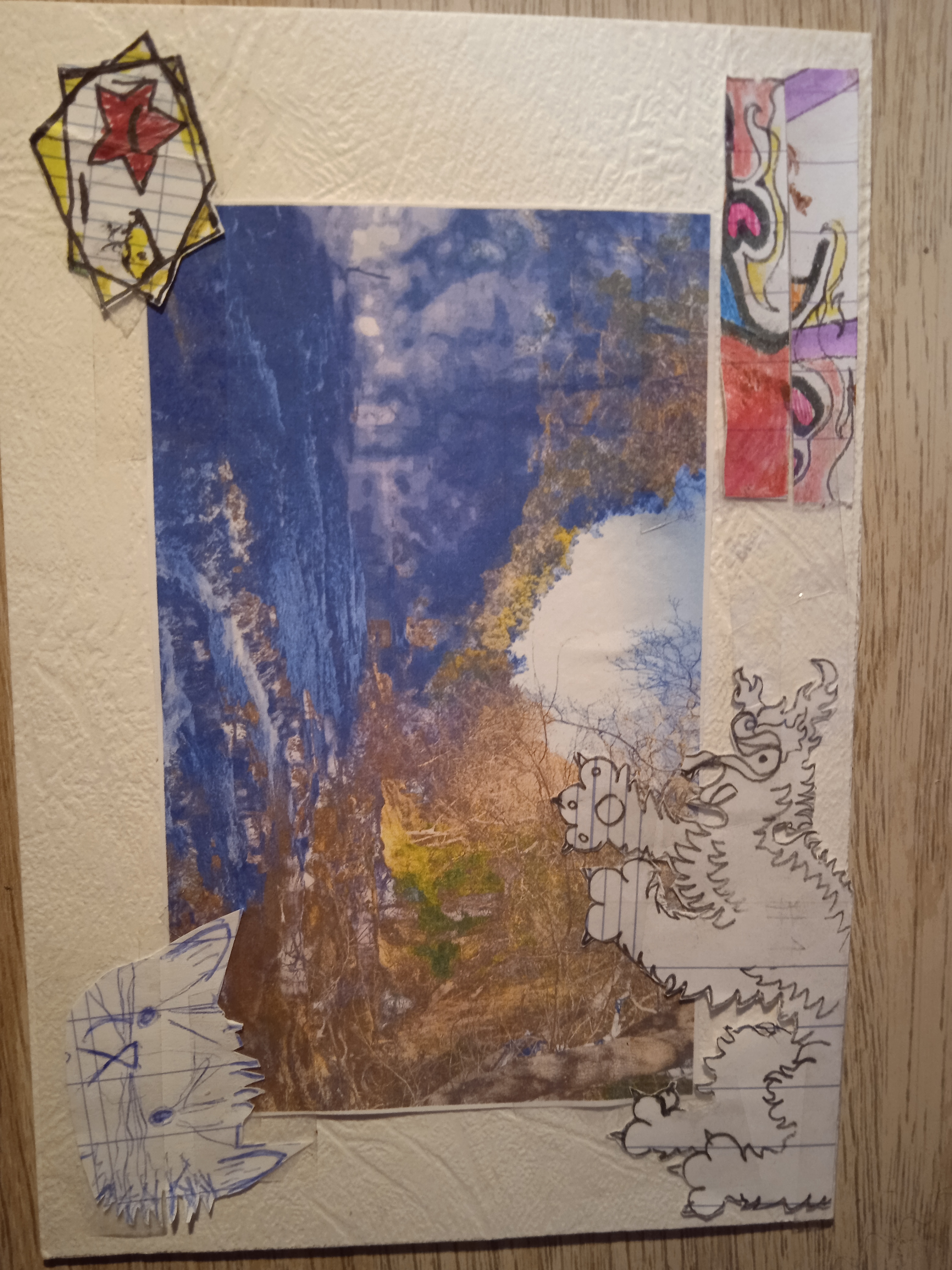 the backside of a handmade postcard, on which there is a picture of a river and a few drawings the backside of a handmade postcard, on which there is a picture of a river and a few drawings